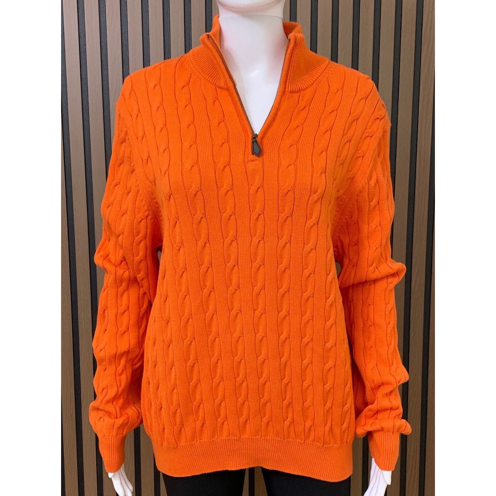 Brooks Brothers Orange Pima Cotton Cable Knit Quarter Zip Sweater Men's Large